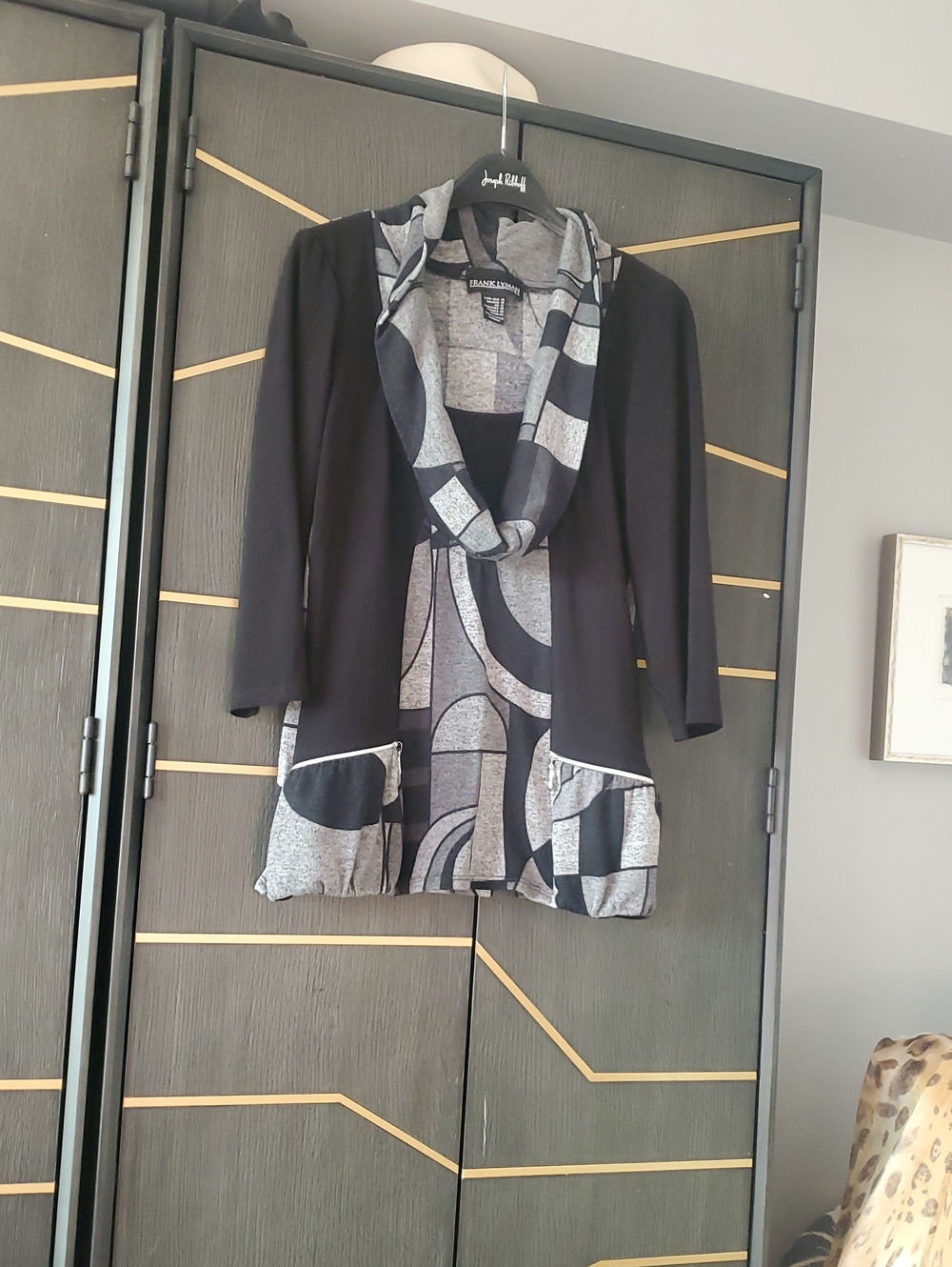 Frank Lyman Design Black Jacket with Gray Patterned Trim and Cowl Collar